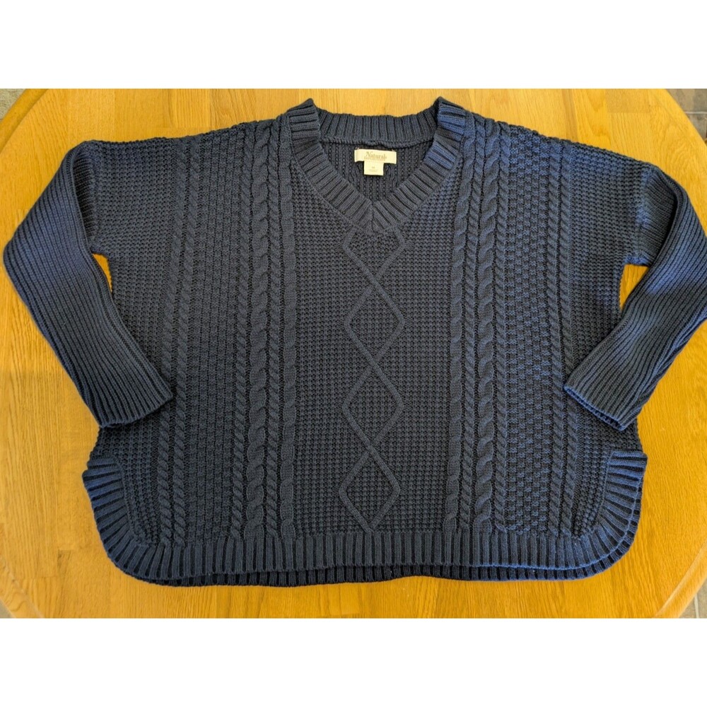 Natural Relections Navy Cable Knit V-neck Sweater Size M Loose Fitting Pullover